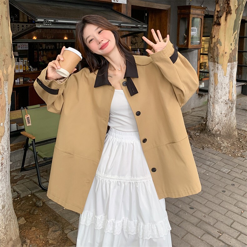 复古高级感韩版卡其色中长款风衣2024早秋新款女宽松休闲时尚外套，女装风衣，浙宝281