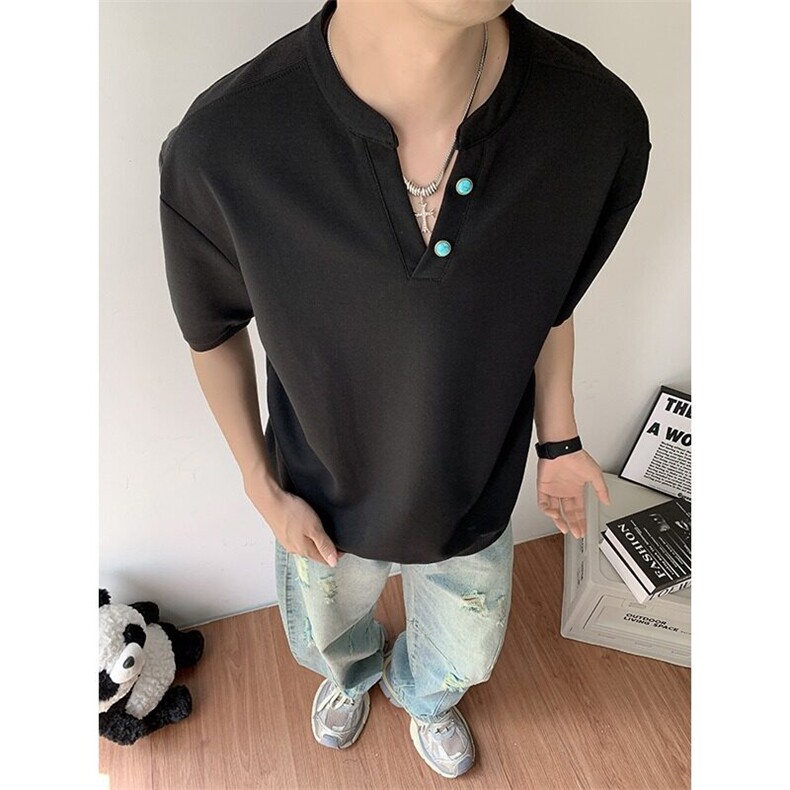 夏季美式v领短袖t恤男士潮牌宽松复古半袖体恤打底衫YW140 P45图片
