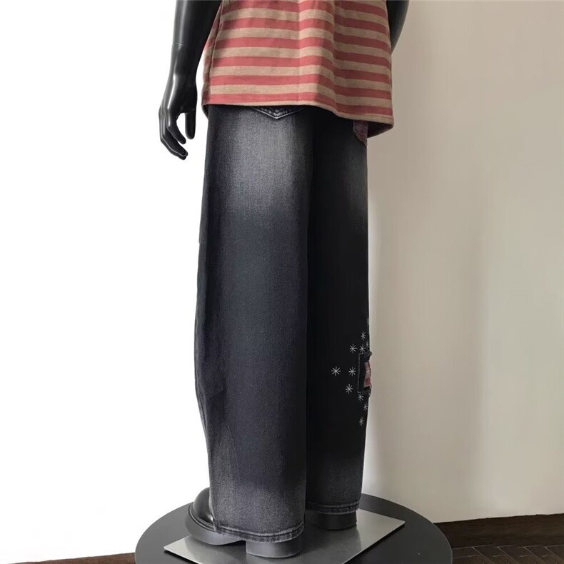 1506/QB1670/P57小众设计破洞补丁子拼接宽松阔腿微喇直筒裤子,男装休闲裤,星座1506