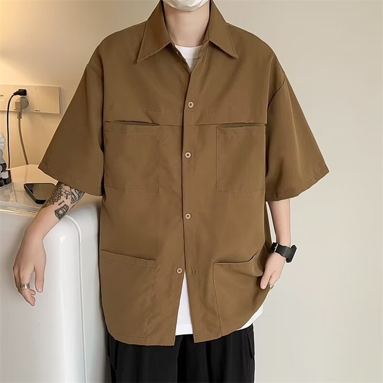 工装衬衫男潮牌宽松痞帅多口袋夏季休闲纯色短袖衬衣CS34P33,男装衬衫,星座410-2