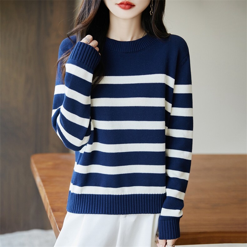 2025年秋季新款百搭女士斑马条纹粗条长袖针织衫，女装针织衫/毛衣，丹芙娇羊绒