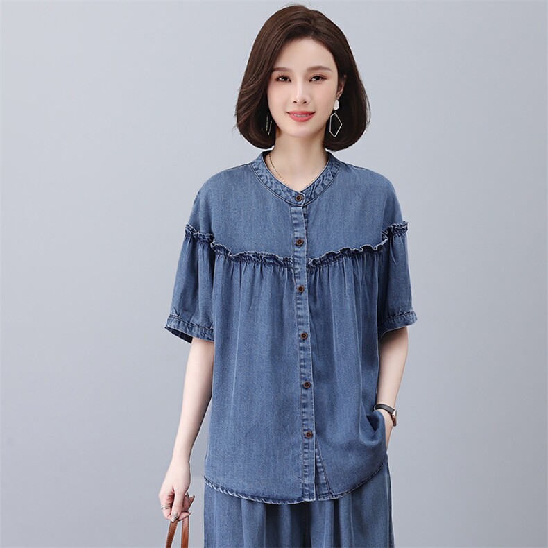时尚宽松牛仔短袖衬衫夏季百搭休闲女装上衣,女装牛仔外套,悦见她