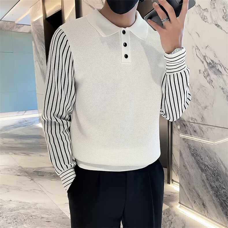 假两件保暖针织衫男冬季痞帅条纹翻领毛衣新款男款线衣M883,男装针织衫/毛衣,星座1116A-2（原606A-1）