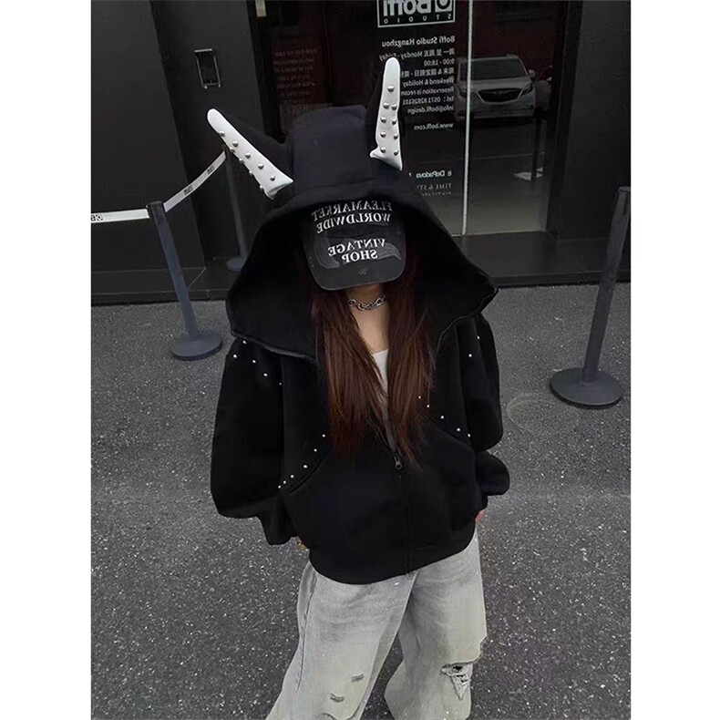 抖音得物高品质26春装美式高街铆钉杜宾犬耳朵开衫卫衣外套W125,女装短外套,电商A486-1