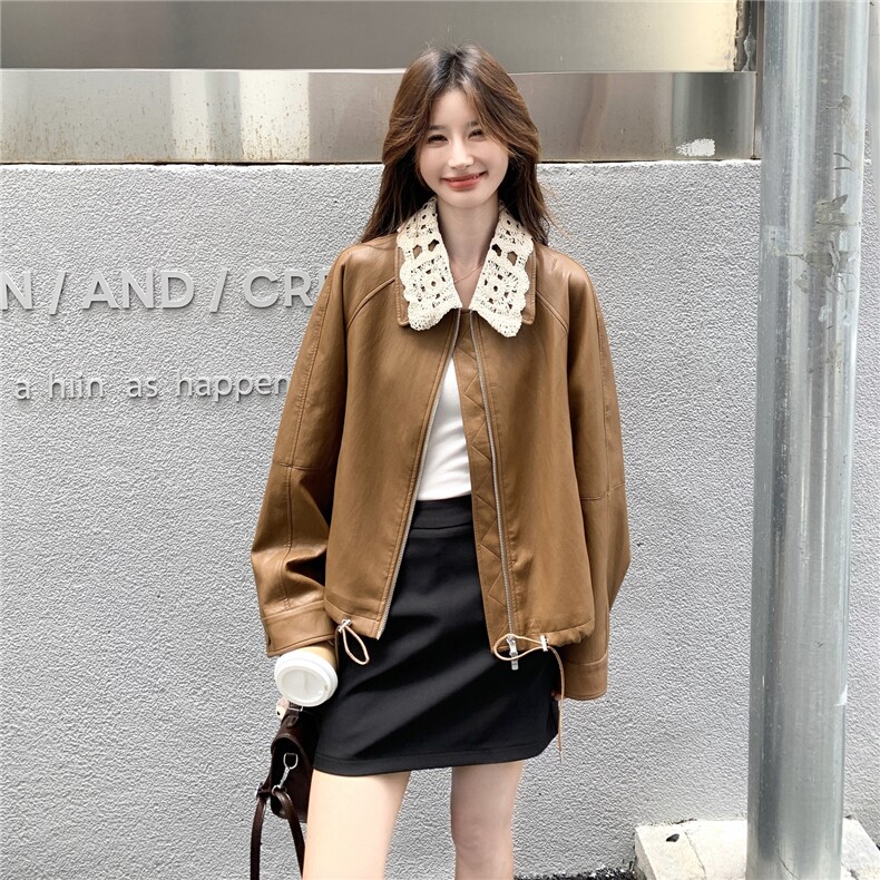 韩里韩气甜酷复古蕾丝拼接皮衣外套女2025春秋高级小众短夹克上衣,女装皮衣,维壹
