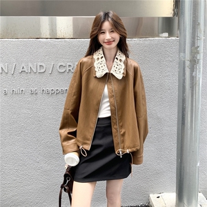 韩里韩气甜酷复古蕾丝拼接皮衣外套女2025春秋高级小众短夹克上衣图片