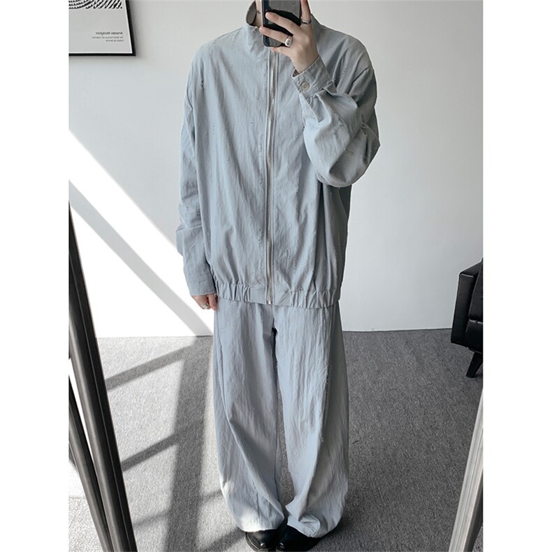 春秋男士韩系设计款牛仔套装割洞提花重工水洗外套牛仔裤套装,男装休闲套装,电商B319