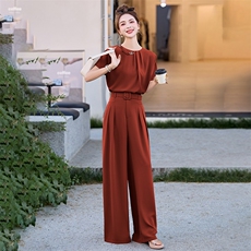 时尚减龄套装女2025夏季新款高级感短袖衬衫垂感阔腿裤西装两件套，女装套装/套裙，尚娜萱