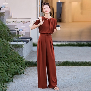 时尚减龄套装女2025夏季新款高级感短袖衬衫垂感阔腿裤西装两件套图片