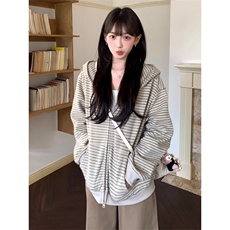 网图条纹连帽拉链外套男2025新款设计感宽松美式开衫卫衣特P68，女装短外套，电商C306-1