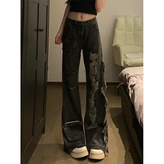 直筒破洞毛边牛仔裤男女春秋季宽松高腰阔腿工装裤NT200，男装牛仔裤，星座1116A（原606A-3）