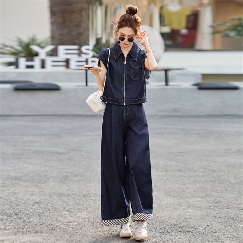 超爱!高品轻薄牛仔外套马甲女2025夏高腰显瘦阔腿裤时尚两件套装,女装套装/套裙,意芙