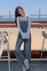 小清新复古牛仔背带裤女2024春秋新款港风休闲高腰显瘦吊带直筒裤，女装套装/套裙，慧尚依恋