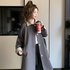 灰色撞色翻领风衣外套女2025春季新款韩系高级感气质时尚休闲大衣，女装风衣，浙宝276（原081）