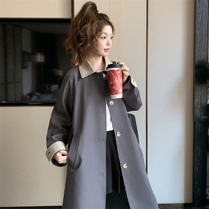 灰色撞色翻领风衣外套女2025春季新款韩系高级感气质时尚休闲大衣图片