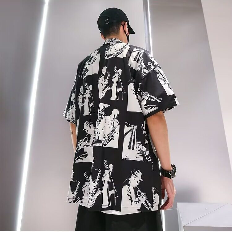 短袖花衬衫男士夏季薄款上衣中式花奔满印翻领寸衫印花图片