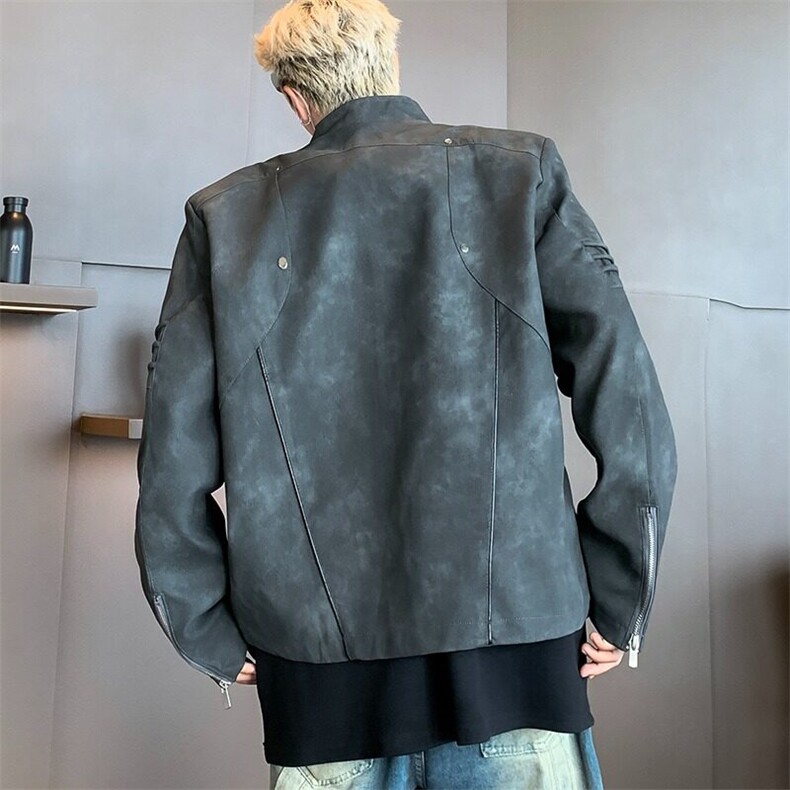春季做旧皮夹克男士街头机车风垫肩外套廓形潮牌上衣男W6108-P87图片