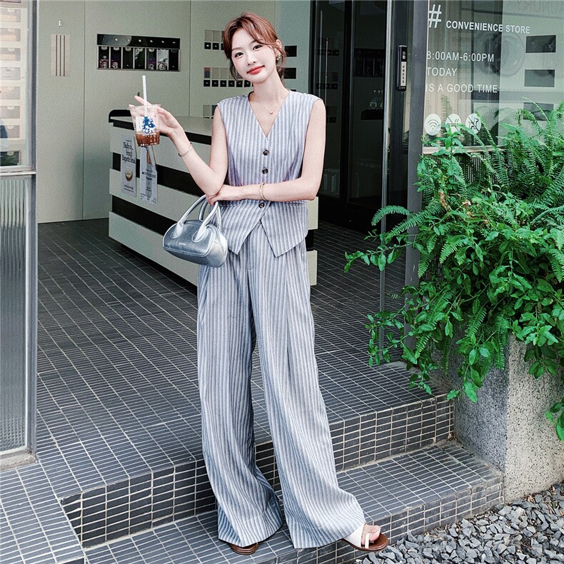 韩版复古条纹马甲阔腿裤套装女2025夏季新款老钱风百搭显瘦两件套图片