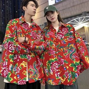 C203情侣大花长袖衬衫男女休闲衬衣新中式汉服团队服表演出宽松潮图片