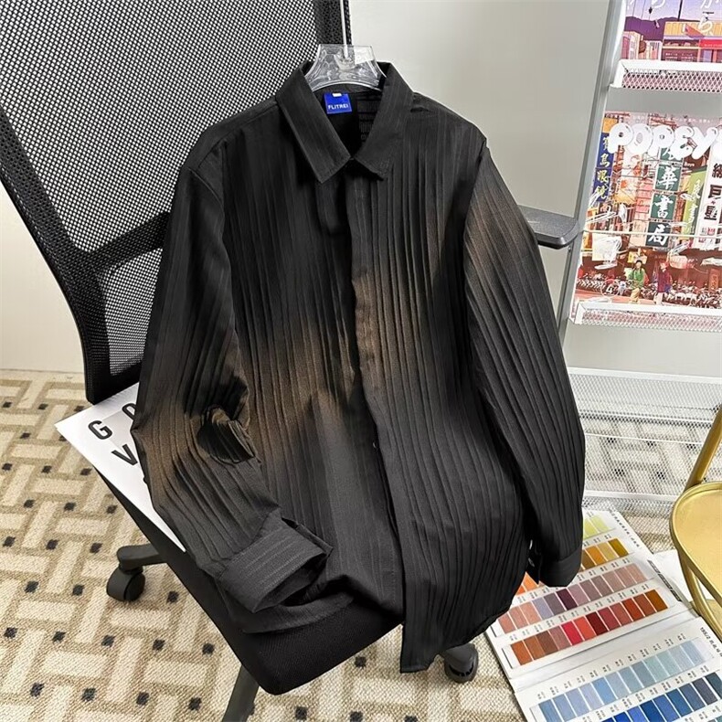 高品质夏款男冰丝百褶皱衬衫宽松休闲长袖衬衫CS521P35,男装衬衫,星座1013-1