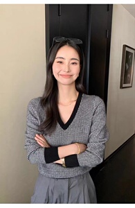 HE |千鸟格设计 轻奢baby山羊绒衫女V领宽松针织衫慵懒风软糯毛衣图片