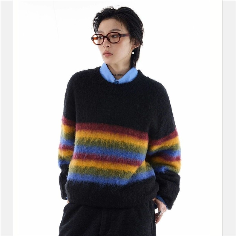 【大货】DM6549-批55抖音天猫原版高质量冬季彩虹条纹圆领毛衣潮,男装针织衫/毛衣,星座603-2