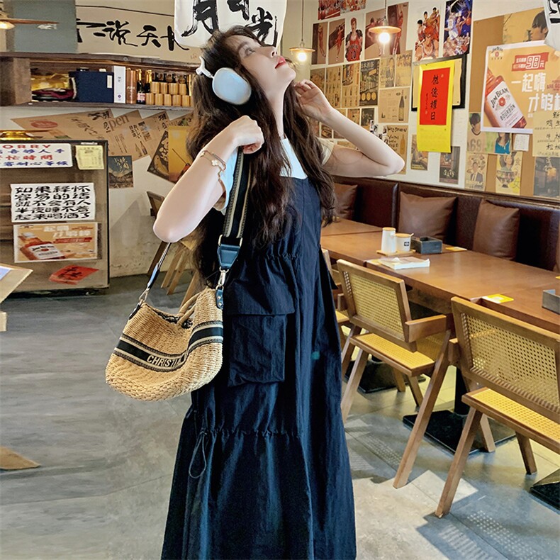 韩版休闲短袖黑色连衣裙套装女夏季2025新款宽松减龄吊带裙两件套,女装连衣裙,浙宝220