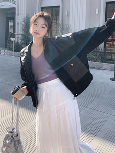 短款皮衣外套女2024秋季新款宽松洋气时尚显瘦休闲百搭拼接皮夹克图片
