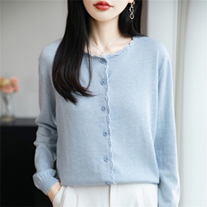 法式温柔风花边设计针织开衫女外套2025新款精纺毛薄款外搭毛衣衫，女装针织衫/毛衣，菲奥羊绒