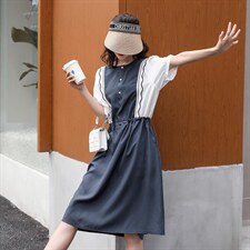 2022年夏季简约时尚铜氨丝拼接显瘦中长连衣裙，女装连衣裙，韩蜜菓