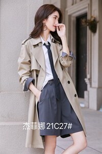21C27#简约大气A型中长款风衣，经典双排扣设计。,女装风衣,杰菲娜(6F)