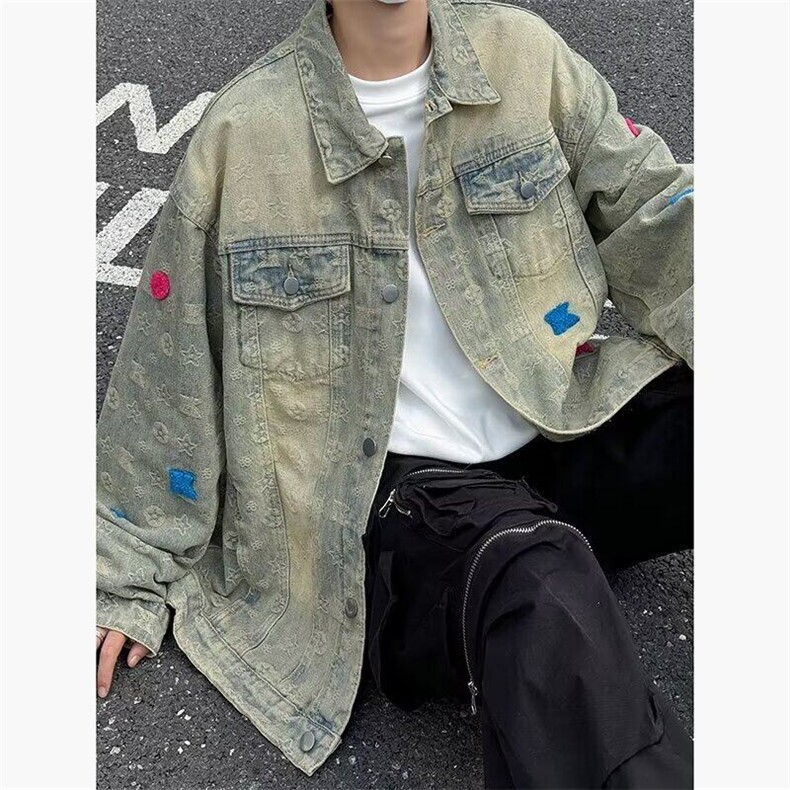 黄泥色牛仔外套男秋季水洗做旧夹克春秋款美式复古潮牌上衣J2229,男装工装外套,星座506