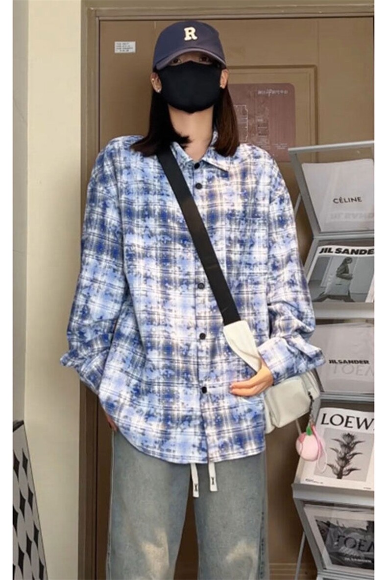 潮流复古扎染格子大码宽松长袖衬衫内搭外套C2204-P40【特价】,男装衬衫,电商A007