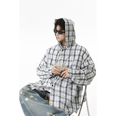 夏季连帽格子防晒衬衣男宽松美式痞帅休闲情侣长袖衬衫P50控78，男装防晒衣，星座516