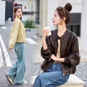 欧货高级感淡黄色白皮衣外套女2026春秋新款蝙蝠袖pu短夹克小个子图片