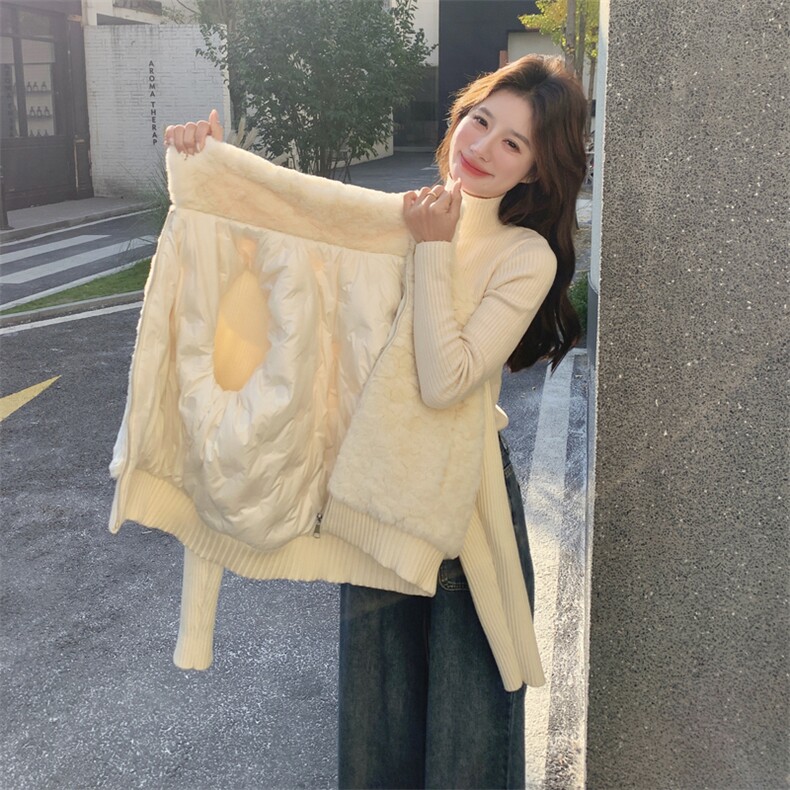 新款有货针织拼接羊羔毛90内胆羽绒服5312P265K398,女装羽绒服,2C176