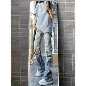 高腰阔腿破洞牛仔裤设计感小众夏季复古显瘦做旧涂鸦垂感直筒裤图片