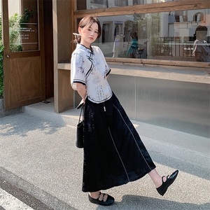 黑白新中式国风复古水墨画套装裙女2025夏季新款上衣半身裙两件套图片