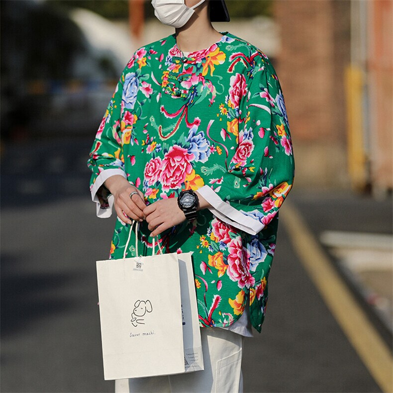 HT02东北大花休闲盘扣套头七分白边袖宽松T恤风冰感大码团队,男装T恤,星座115A(原星座507）