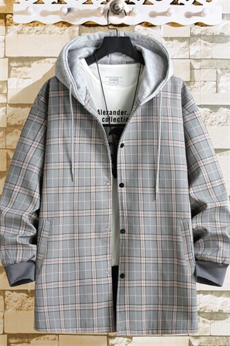 F6018/P80春装新款挂拍格子外套风衣男宽松连帽中长款上衣控118，男装风衣，电商A141