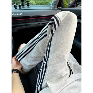 白灰色条纹运动裤女春秋季2025新款阔腿直筒裤休闲小个子宽松卫裤