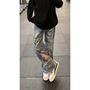 耐磨水洗牛仔布蓝色拉链高腰美式复古高街涂鸦牛仔裤男款秋季长裤图片