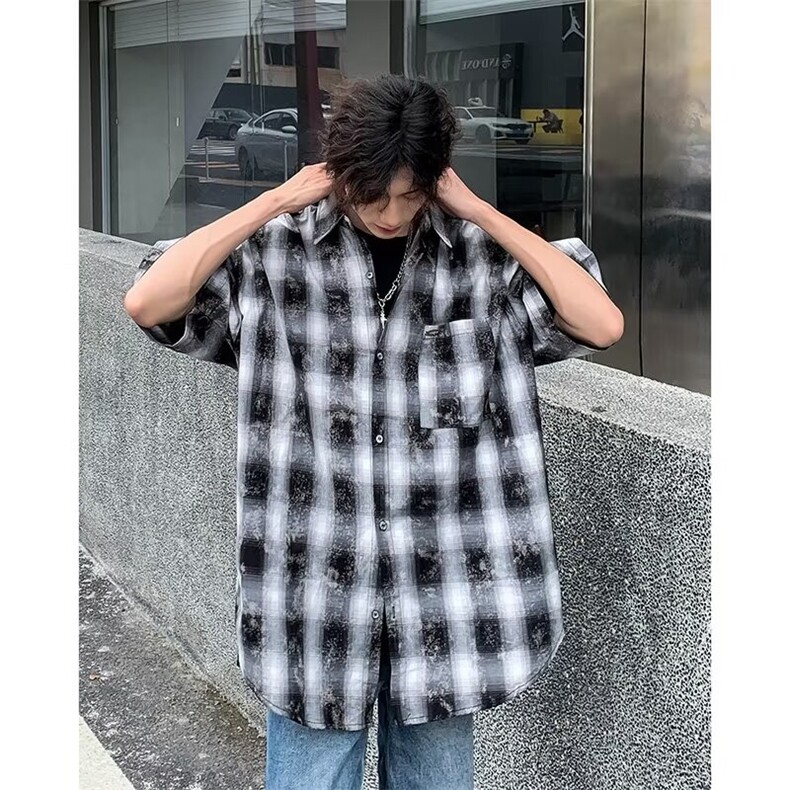 美式夏季格子男短袖衬衫新款复古vintage高级感半袖上衣,男装衬衫,星座410-7