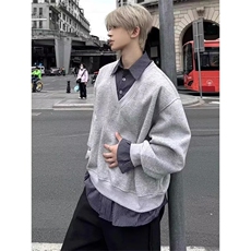 现货假两件衬衫领卫衣男条纹拼接重磅长袖外套W033/P50，男装衬衫，星座205-3