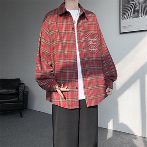衬衫男春季新款港风宽松大码刺绣格子衬衣CS121-P35图片
