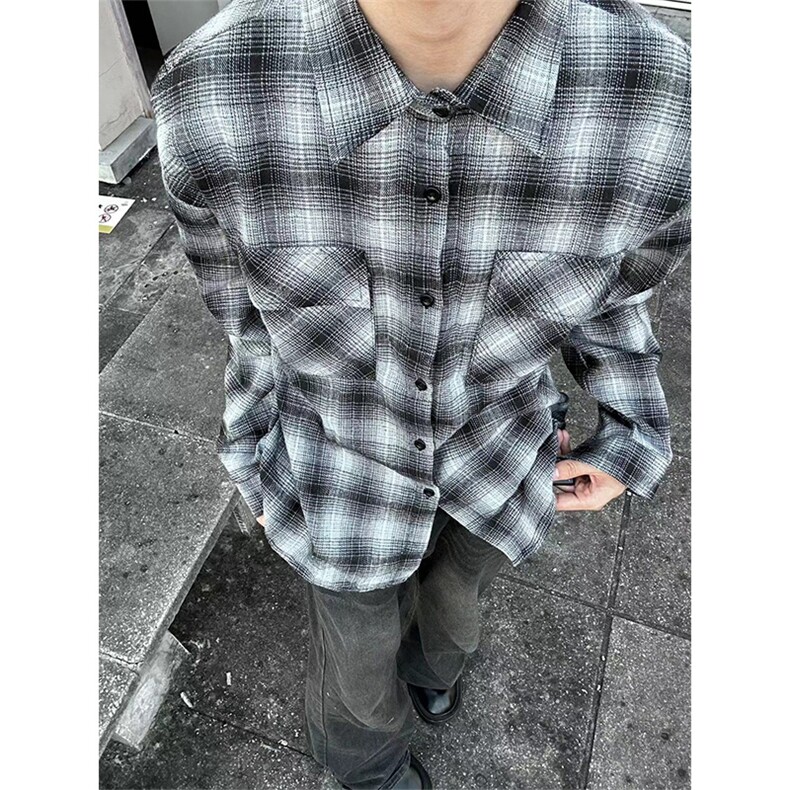自拍图有货~早秋美式复古格纹衬衫男宽松休闲长袖外套CS011-P48,男装衬衫,星座218-5