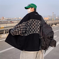 男秋季外套潮牌街头棋盘格反光条牛仔外套W99P65，男装夹克，星座1116-2