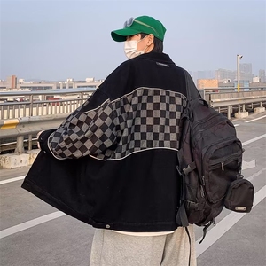 男秋季外套潮牌街头棋盘格反光条牛仔外套W99P65图片