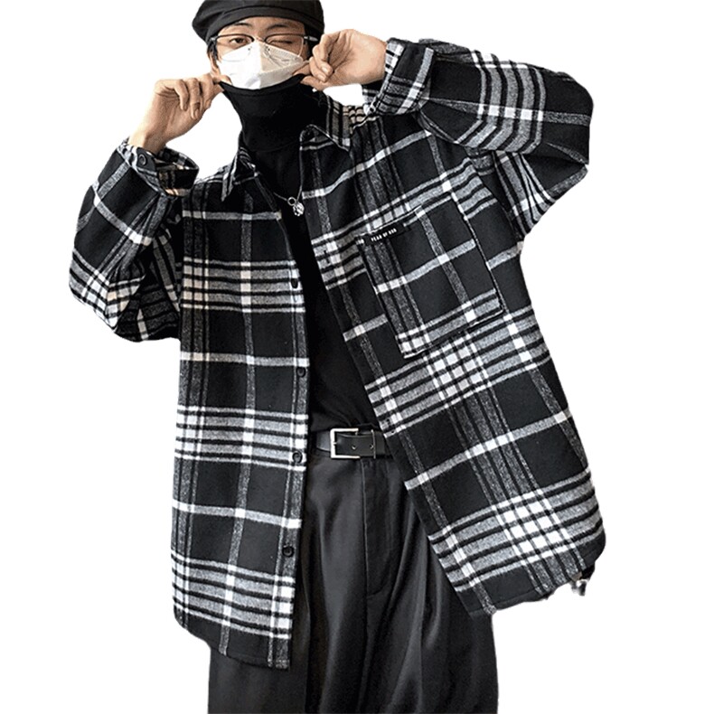 22春秋季新款厚格子衬衫男外套宽松休闲痞帅上衣DX155P55控78,男装衬衫,电商B413-1