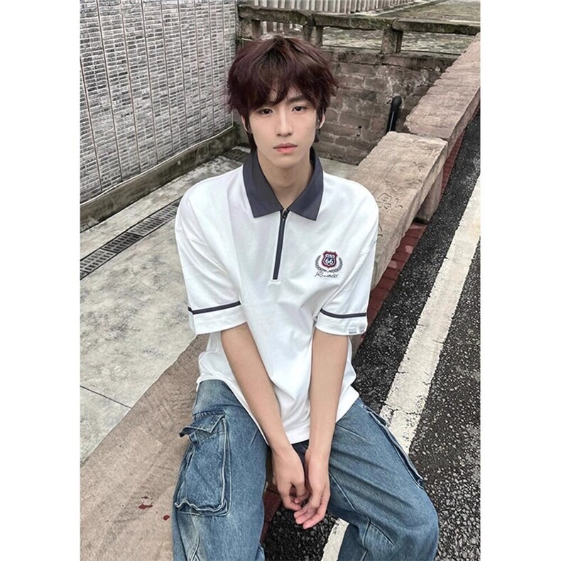 【有货】DTK22-特批45学院风半拉链撞色Polo衫短袖男夏季翻领t恤,男装T恤,星座603-2